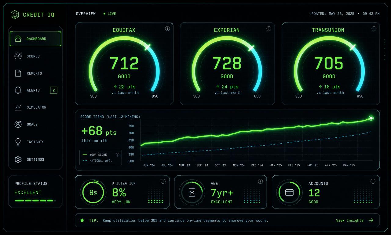 3-bureau credit dashboard showing Equifax 712, Experian 728, TransUnion 705 with +68 pts trend